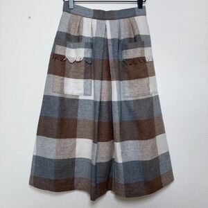 VTG‎ 60s Women Wool Plaid Midi Skirt XS Brown Gray Academia School Preppy